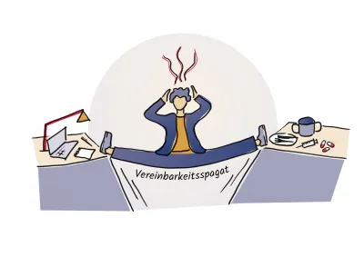 Illustration: Spagat zwischen  Schreibtisch und Küchentisch
